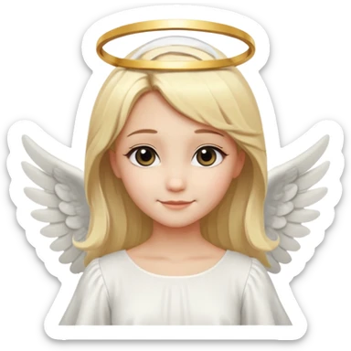 милая девушка ангел с нимбом и крыльями, с блондинистыми прямыми волосами по плечи, с черными макияжем глаз, тонкими бровями, с улыбкой, в стиле Apple avatar sticker