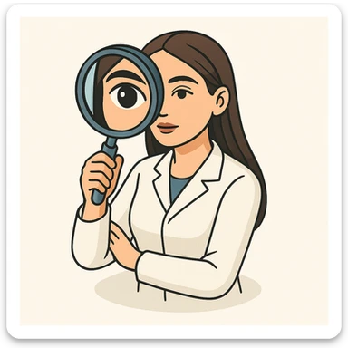 Edit the image of a female doctor with dark long straight hair and detailed brown eyes (not just dots). She wears a white coat. The style is 2D isometric with a minimalist background. She looks straight at the camera through a magnifying glass, with one eye enlarged and distorted like a fisheye lens. sticker