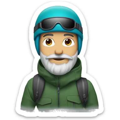 Snowboarder, RED helmet, blue eyes, grey beard, dark green jacket sticker
