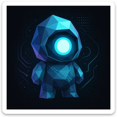 minimal abstract mascot with a single glowing eye, polygonal shapes and subtle holographic highlights, futuristic tech details like digital dots and flowing neon lines, neon blue cyan and purple palette on black, creative tech portfolio sticker