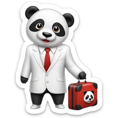 A man with white suit and red tie and a panda face eating a hotdog and holding a black suitcase sticker