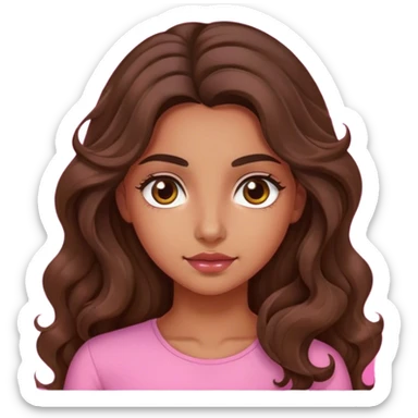 girl with long brown wavy hair and olive skin with pink background sticker