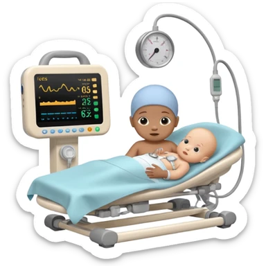 NICU tiny microprem baby in isolette with monitoring attached. sticker