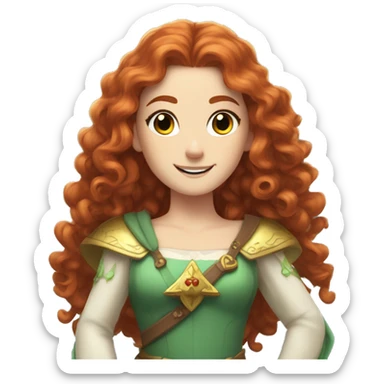 a white girl with long red curly hair and freckles, cosplaying Princess Zelda posing and smiling sticker