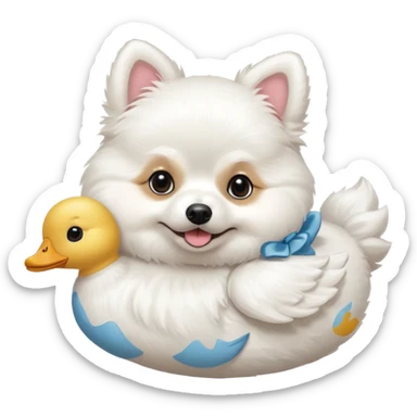 White Pomeranian carrying a stuffed white toy duck sticker