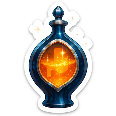 Patreon-inspired luxurious elixir bottle, orange and dark blue colors, iridescent and silver details, intense magical glowing and sparkling effects, very small neck, seamless bottom, transparent background, floating, no base or shadow, modern, matching a collection sticker