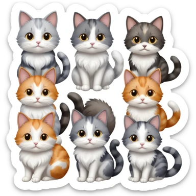 6 realistic looking cats with different natural coloured coats, assorted grey and white, greys, calico, brown and white colours etc
 sticker