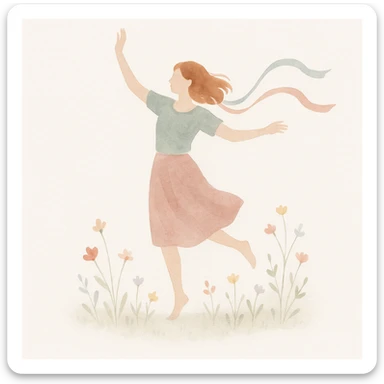 barefoot person dancing joyfully in a field of wildflowers with ribbons trailing capturing the essence of a free spirit watercolor style sticker