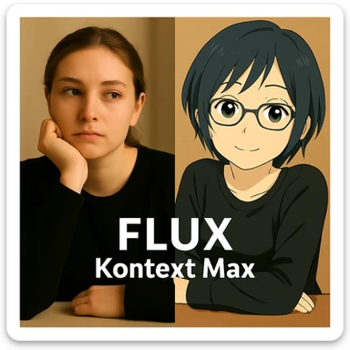 same similar image but chnage the text to "Flux Kontext Max", change people and pose too sticker
