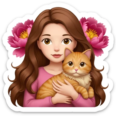 pretty woman a long hair brown color holding a fat cat fluffy golden in a peony sticker