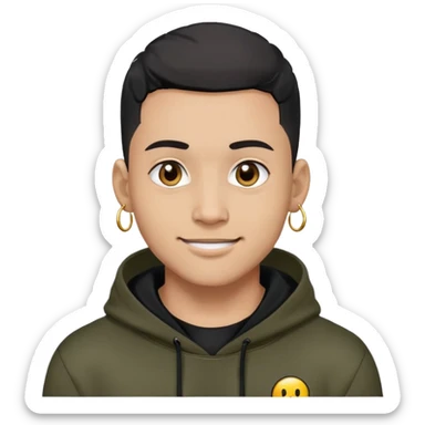 man with black military haircut, brown eyes, wearing 2 circle earrings and a black hoodie with a smiley face sticker