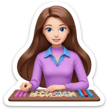 beautiful barbie girl with long brown hair, blue eyes and wearing light purple clothes playing board games sticker