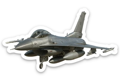 realistic F-16 jet fighter, angled perspective, modern, metallic, flying, no background sticker
