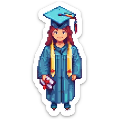 universitario con birrete y diploma, estilo pixel art sticker