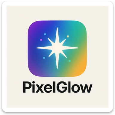 Futuristic logo for PixelGlow: rounded square with a radiant aurora gradient (purple, blue, cyan, green, orange). Centered custom 8-point starburst sparkle, bold and minimal, with soft glow and subtle shadow for depth. Playful, creative, tech-inspired, with tiny pixel hints. White or off-white background for contrast. sticker