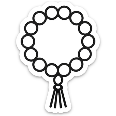 Ultra minimal prayer beads with just a few simple round beads and a tiny tassel, no extra details, plain background, hand drawn icon style with no fill. sticker