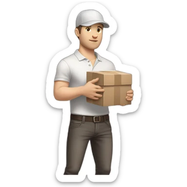 Pale skinned fit Man with dark brown hair in a light gray cap, dark brown jeans, brown polo and white T-shirt keeping a pasted with tape white box into his hands sticker