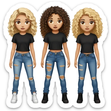 Mixed girl with ripped jeans , a black shirt , curly hair it all dark brown , has 2 blonde spots one on the back and one on the front  sticker