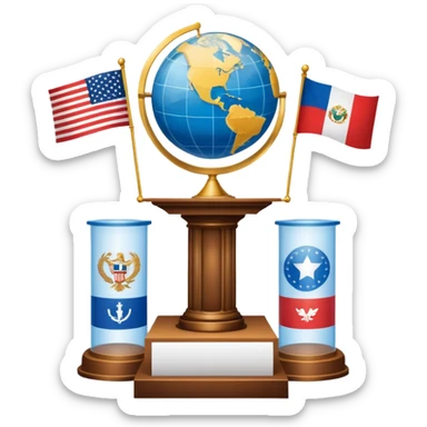An icon featuring a podium with a speaker, national flags, and voting ballots, symbolizing political science. The design includes a globe and scales of justice in the background, representing governance, global affairs, and political theory. Transparent background emphasizes civic engagement sticker