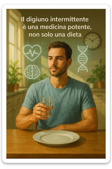 A realistic, cinematic illustration of a healthy, calm man in his early 30s sitting in a bright kitchen in the morning, with an empty plate in front of him and a glass of water in his hand, looking serene and focused. Behind him, the background shows subtle symbols of health: green plants, sunlight streaming in, and a blurred wall clock showing 10:00, symbolizing the fasting window. Above the man, a translucent overlay of medical icons (heart, brain, DNA strand) glows softly, illustrating that intermittent fasting acts as a powerful medicine, not merely a diet. The color palette is fresh and natural, emphasizing health, clarity, and focus. The style is realistic with slight cinematic tones, conveying that the man is using intermittent fasting as a tool for cellular regeneration, inflammation reduction, and health optimization rather than weight loss in italiano sticker