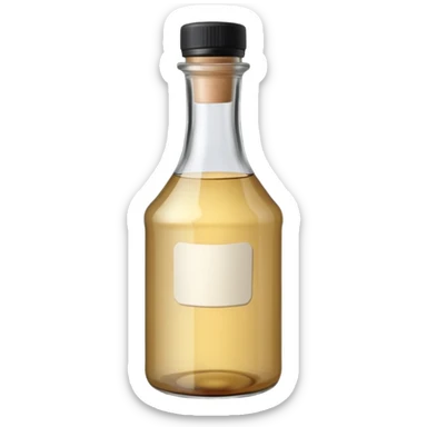 simple bottle of vinegar, upright, glass or plastic, clear or pale liquid, narrow neck, metallic or black cap, blank label optional, soft shimmer, 3D-rendered, minimal, no faces, transparent background sticker