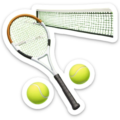 A tennis racket and ball positioned on a grass court, with the net and lines clearly visible in the background. The scene emphasizes the classic elements of the sport, capturing the energy and precision of a tennis match. sticker