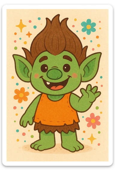 a cute cartoon troll with green skin and pointy ears, smiling sticker