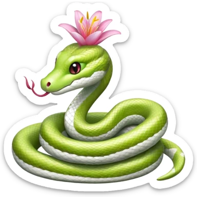 A cute, friendly, fluffy, light green and white snake
with a pink lily flower on its head
(no sting) sticker
