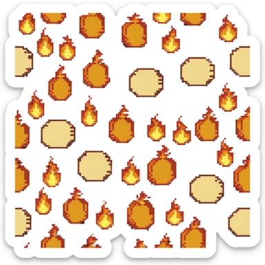 Bomberman right-facing end-cap explosion tile, flames ending and tapering rightward with pronounced flame wisps, orange/yellow with more red at the tips, extending about 70% into right direction sticker