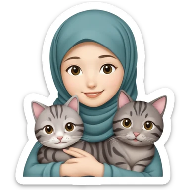 Asian White girl wearing hijab holding a black grey tabby cat while smiling.  sticker