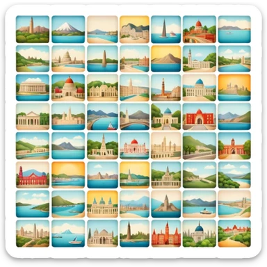 Icon for Postcard Collecting: a collection of colorful vintage postcards, featuring scenic views, landmarks, and greetings, arranged neatly in an album or on a display board. The icon should convey the charm and nostalgia of postcard collecting. Transparent background. sticker