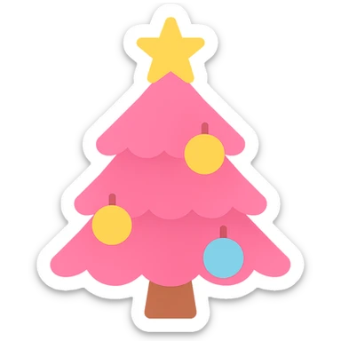 Add a yellow star on top of the pink Christmas tree with shiny decorations, icon style, no background. sticker