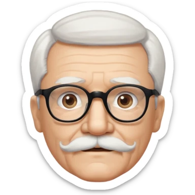 An elderly man with white hair and mustache, wearing black glasses and looking straight ahead with a gentle expression. sticker
