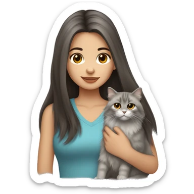 Dark brown straight hair girl with holding fluffy Siberian gray cat  sticker
