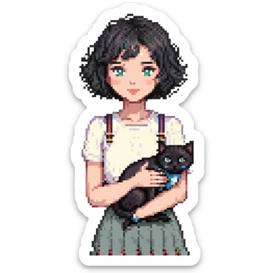 wavy black haired girl with a short haitcut holding a british cat sticker