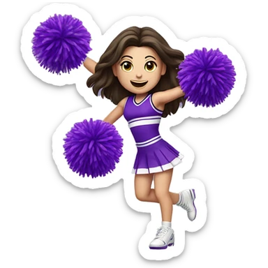 Caucasian cheerleader with long dark brown hair, jumping and holding up two purple Pom poms, small full body emoji sticker