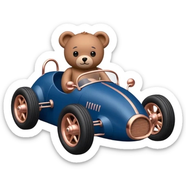 dark blue and rosegold-accented  retro racing car driven by a small evil scary teddy bear with rear spoiler, roll cage, and wheely bar sticker