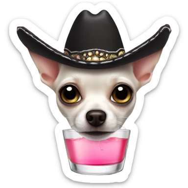 White chihuahua with black eyes and a pink nose with a sombrero on drinking tequila  sticker
