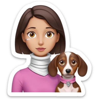 a brunette girl, olive skin, hazel eyes, pink top, neck brace on her neck because she’s injured , piebald dachshund next to her only brown and white sticker