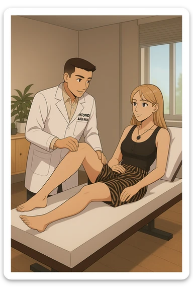 fai un webtoon/manga a colori con questo kinesiologo in camice bianco (fagli la scritta "ANTONIO ANANIA" SUL CAMICE) CHE SVOLGE UN TEST NEUROMUSCOLARE SOLLEVANDO UNA GAMBA ALLA RAGAZZA CHE è STESA SU UN LETTINO BIANCO. STANZA SEMPLICE E MODERNA, DURANTE IL TEST I DUE DIALOGANO TRA LORO. NON FARE I FUMETTI, FAI SOLO LORO COME SE DIALOGASSERO sticker