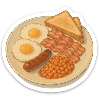 a plate of English breakfast with eggs, bacon, sausage, beans, and toast sticker