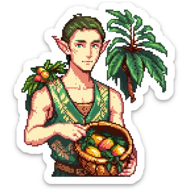 elf male Sleeveless vest with palm-leaf print, basket of exotic fruits (mango/lychee), sunburned nose. sticker