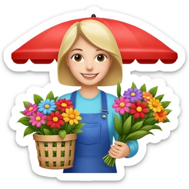 Shopper with flower bouquet,Farmers’ Market, background Flowers cart. sticker