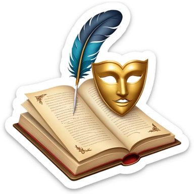 An icon featuring an open book with flowing pages, a feather quill, and classic literary symbols like a theater mask and inkwell. The design includes a subtle parchment background with faint text lines, symbolizing the study of literature. Transparent background emphasizes creativity and analysis. sticker