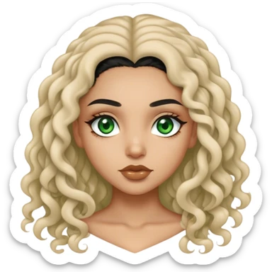 light skin girl , with long curly black hair , green eyes and straight brows sticker
