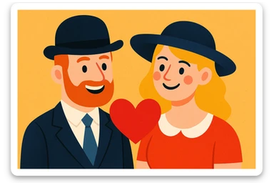 an English man and lady couple with a love heart, charming, modern illustration style sticker