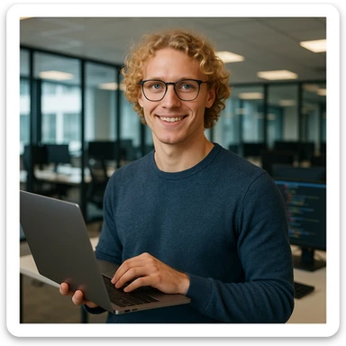 male software developer with blonde curly hair and blue eyes, holding a laptop, wearing glasses, modern office background sticker