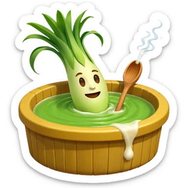 Create a 3D emoji of a relaxed leek in a jacuzzi filled with a slightly lumpy, yellowish-brown sauce sticker