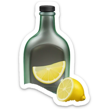 A bottle of white liquid (which is tequila) and next to ir a slice of lemon and salt sticker
