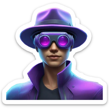 Secret human agent in a hat with  cyberpunk elements in VR googles scanning looking reviewing multicolor lines of code, cyan and purple colors, only upper body portrait sticker